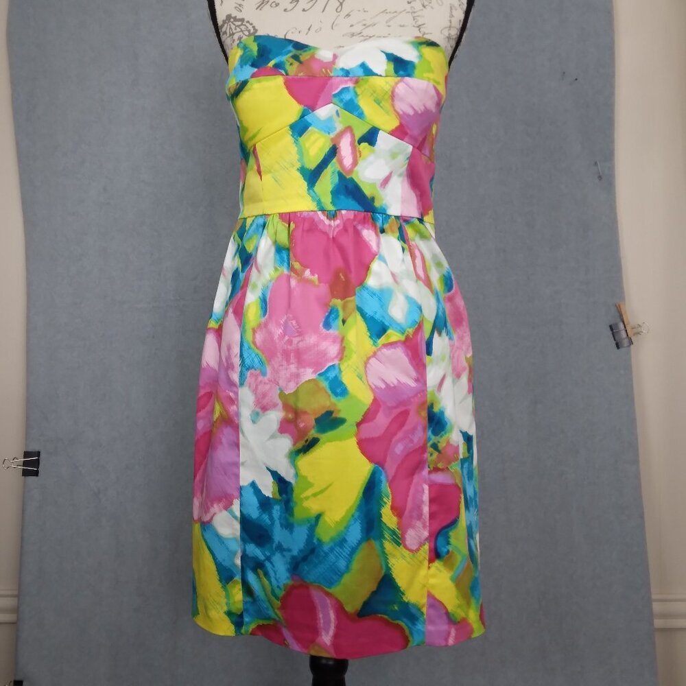 Donna Morgan | Vibrant Watercolor Strapless Dress Stretch Multicolor | Size 12 - Picture 3 of 11